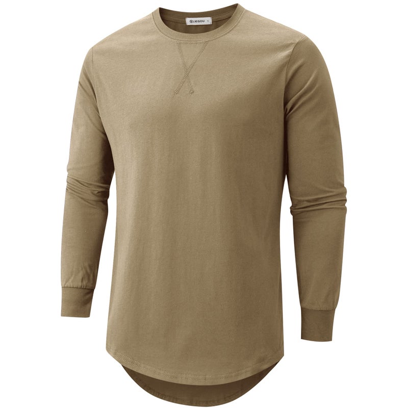 KLIEGOU Mens 100% Cotton Hipster Hip Hop Longline Crewneck T-Shirt (X-Large, 67 Khaki) - Image 1